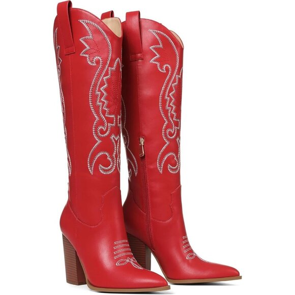Women's Red Embroidered Wide Calf Chunky Knee High Heels Western Boots - Picture 5 of 7